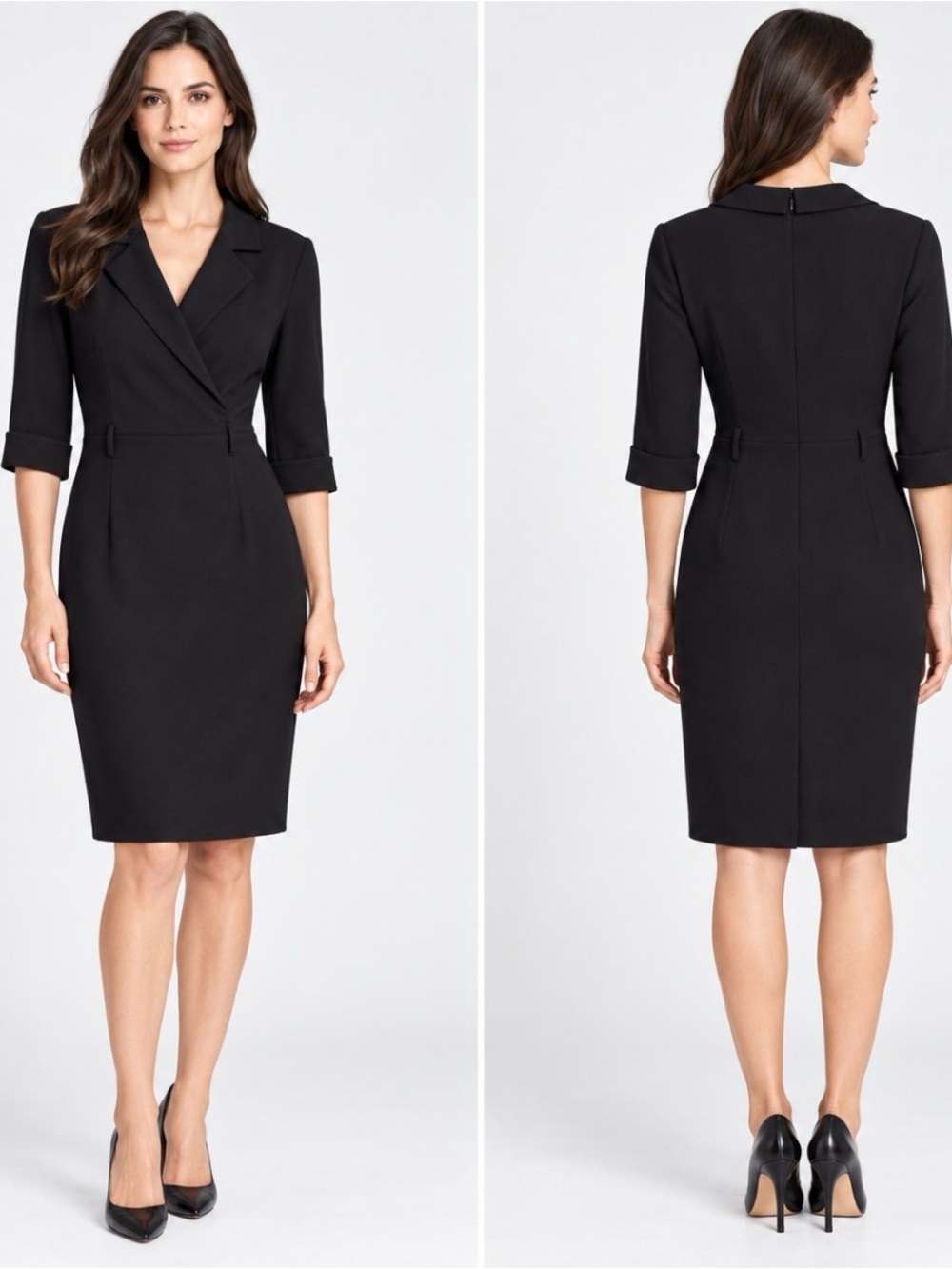 Black Faux-Wrap Sheath Dress with Three-Quarter Sleeves(missing belt)